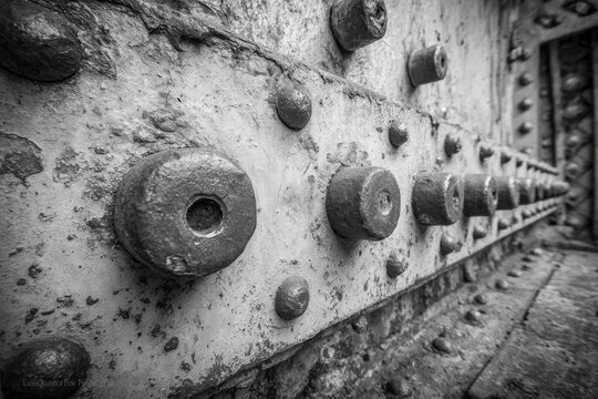 Close-up of weathered metal surface with rivets and bolts, showing texture and corrosion, capturing the industrial aesthetic and structural details of an old bridge.