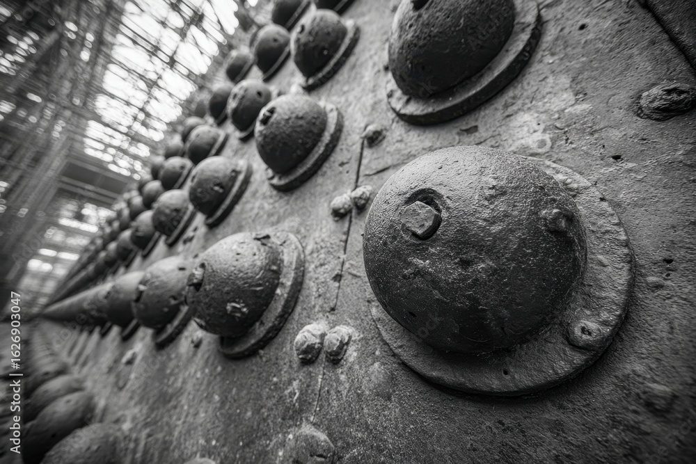Aufkleber an abstract macro shot of a vintage metallic structure with rows of rivets, conveying a sense of ind