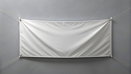 Blank white fabric banner hanging on a gray wall with metal grommets and cables
