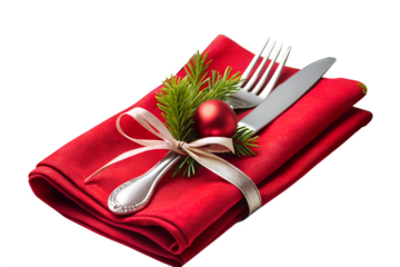 Elegant christmas table setting with red napkin, cutlery, ribbon, and pine branch isolated on transparent background for holiday dinner and celebration