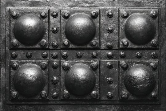 Close-up of a heavy metal door with rivets, demonstrating blacksmith craftsmanship, providing a medieval fortress feel, featuring robust iron work and geometric patterns. - Powered by Adobe