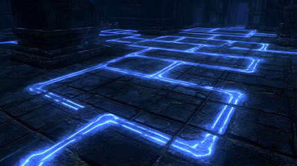 Glowing blue pathways in ancient stone temple; mysterious background.  Use Fantasy game asset