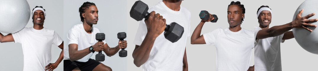 African American guy engages in various fitness activities, highlighting strength training and...