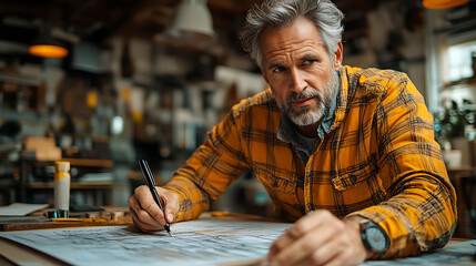 Obraz premium Mature Man Concentrating on Architectural Blueprint in Workshop