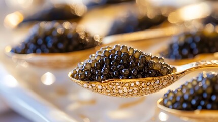 Luxurious Black Caviar in Golden Spoons