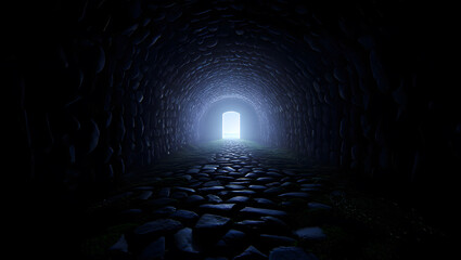 Mysterious Stone Tunnel with a Light at the End Creating a Dramatic Perspective and Sense of Hope and Discovery