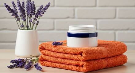 An arrangement of self-care items including a jar of cream, orange towels, and a bouquet of lavender.