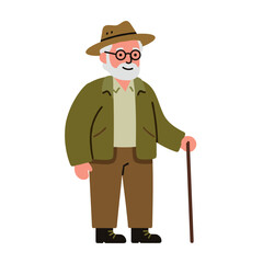 Elderly man smiling while standing with cane and wearing hat  
