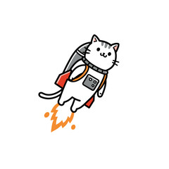 Cartoon cat flying with jetpack and flames in playful design  