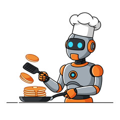 Robot chef flipping pancakes in a kitchen 