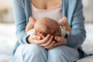 Mother Care. Unrecognizable mom holding newborn baby on her laps, lulling him to sleep, loving mum...