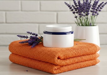 A relaxing and clean image showing an open jar of cream on towels with a beautiful lavender arrangement.