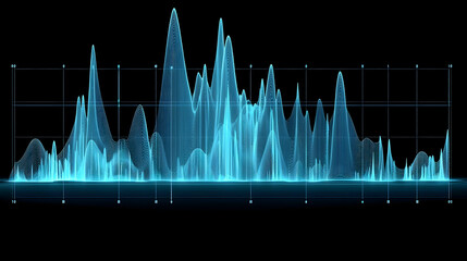Abstract blue digital audio waveform visualization; data peaks and valleys; dark background; suitable for technology or music themes