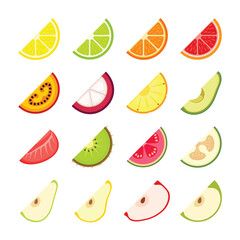 Set of colorful sliced different fruit icons 