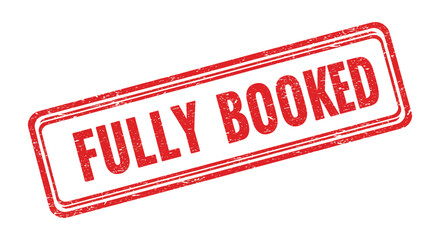 Red and white distressed rubber stamp graphic with the words fully booked printed in red ink