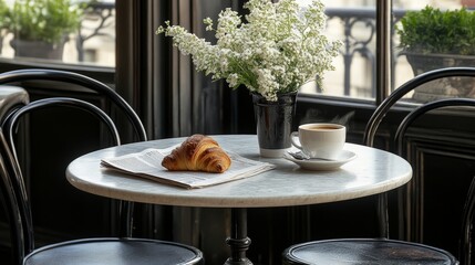 Parisian Cafe Morning Coffee, Croissant, and Flowers