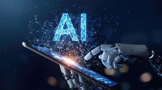 Artificial intelligence displayed on a tablet by a robotic arm.