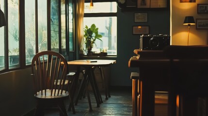 Cozy Cafe Interior with Vintage Camera and Sunlight Streaming Through Window