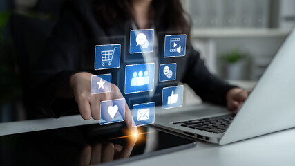 Icons representing social media interaction, communication, and engagement. Social media builds community, social media drives connection, and social media influences behavior. Latch