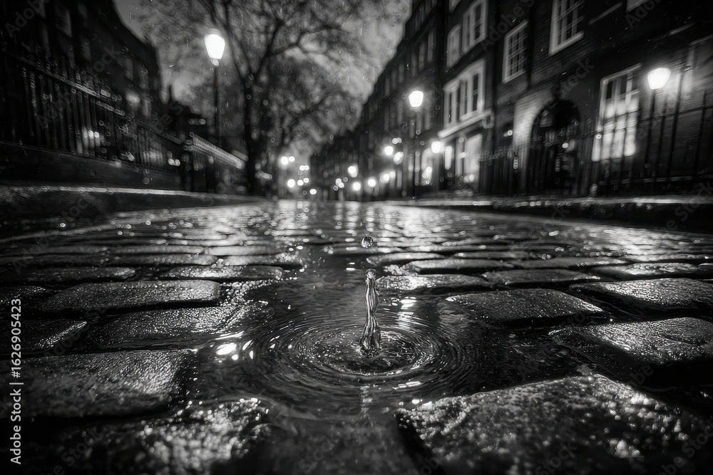 Poster monochrome capture of a rain-soaked cobbled street, highlighted by a droplet falling into a puddle, 