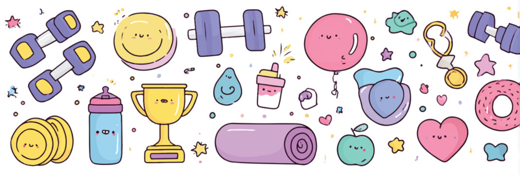 Cute and colorful fitness and wellness illustration featuring dumbbells weights yoga mat trophy and healthy food options for active lifestyle - Powered by Adobe