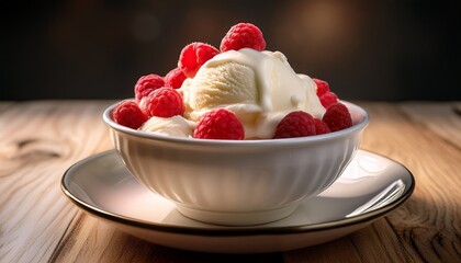a decadent bowl of creamy vanilla ice cream topped with fresh vibrant raspberries perfectly presented for a refreshing dessert or summer treat