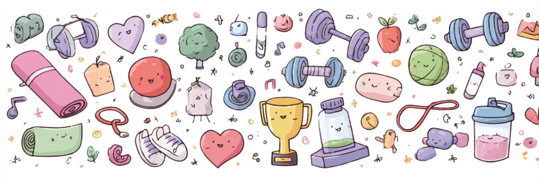 Cute cartoon fitness and healthy lifestyle doodle illustration featuring gym equipment healthy food and motivational symbols for wellness blogs - Powered by Adobe