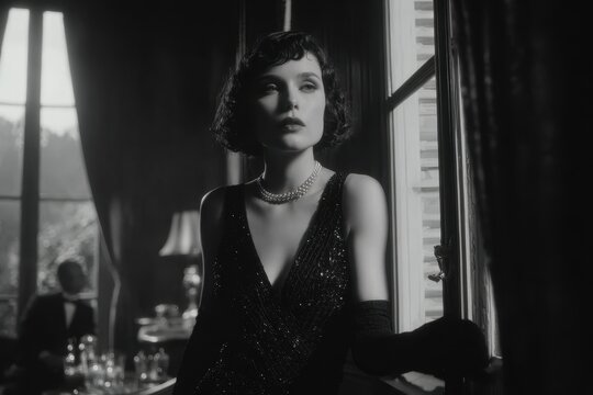 Elegant woman in black and white, gazing out window, exuding timeless glamour and sophistication, adorned with classic jewelry and stylish attire.