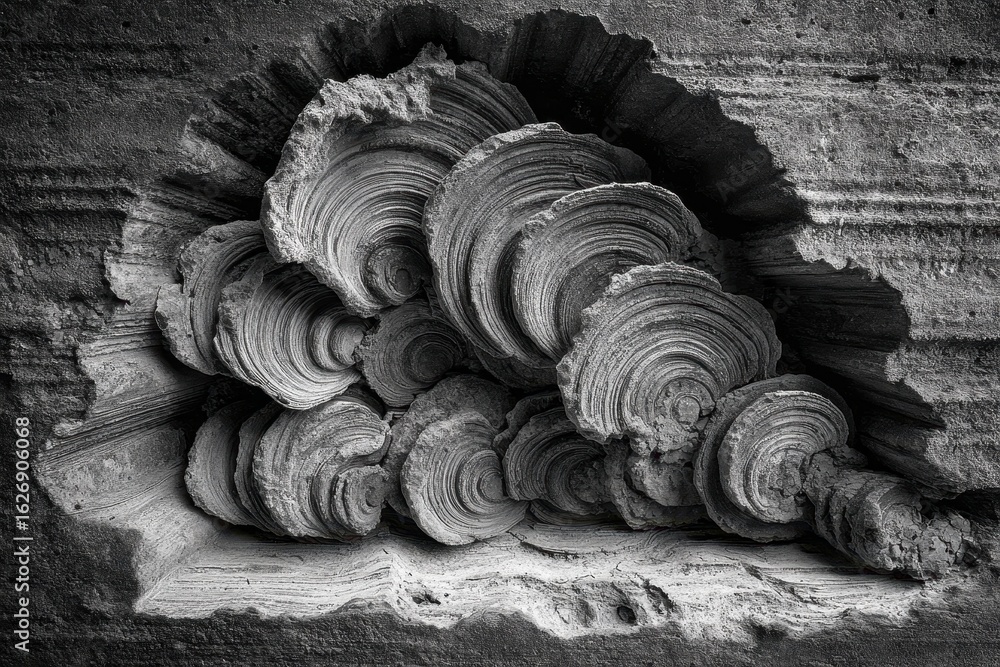 Poster an abstract monochrome image captures a fascinating rock formation with circular structures, highlig