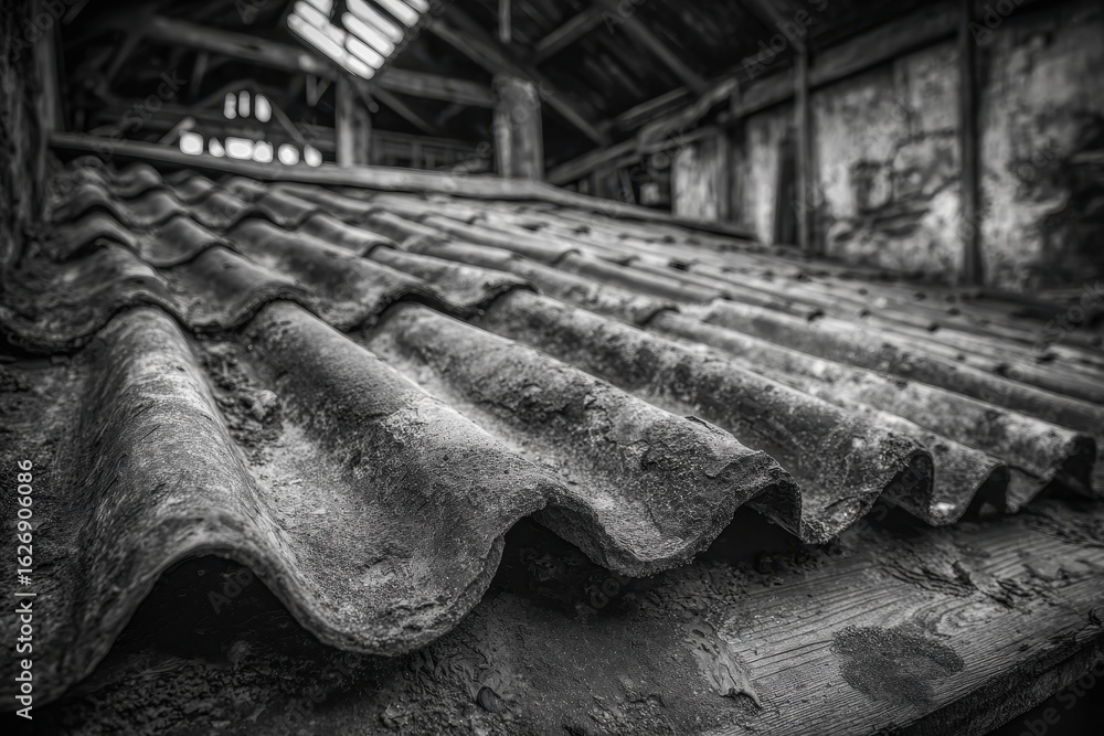 Poster close-up of weathered corrugated roofing panels, showing texture and decay, with monochrome renderin