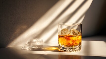 Golden amber whiskey with ice cubes in a glass with dramatic sunlight rays