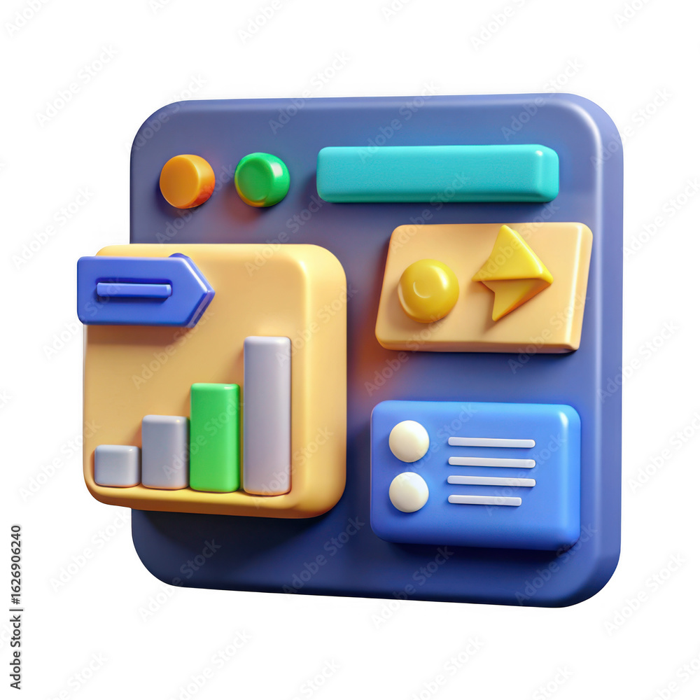 Poster 3d rendered dashboard with charts and icons isolated on transparent background
