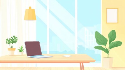 Serene Home Office Workspace with Laptop, Plants, and City View
