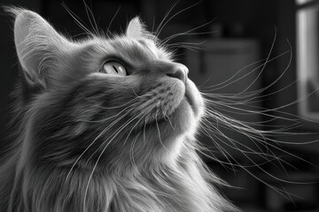 A magnificent monochrome portrait of a Maine Coon cat, showcasing its intense gaze and luxuriant fur, capturing a sense of regal curiosity and serene elegance.