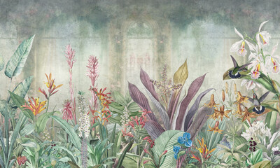 Mural Wallpaper. Tropical Flower Bushes Wallpaper Mural. Vintage Tropical Background  © александр Бужореан