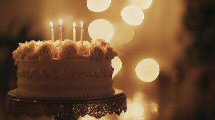 Delicious Birthday Cake with Lit Candles in Warm Festive Lighting