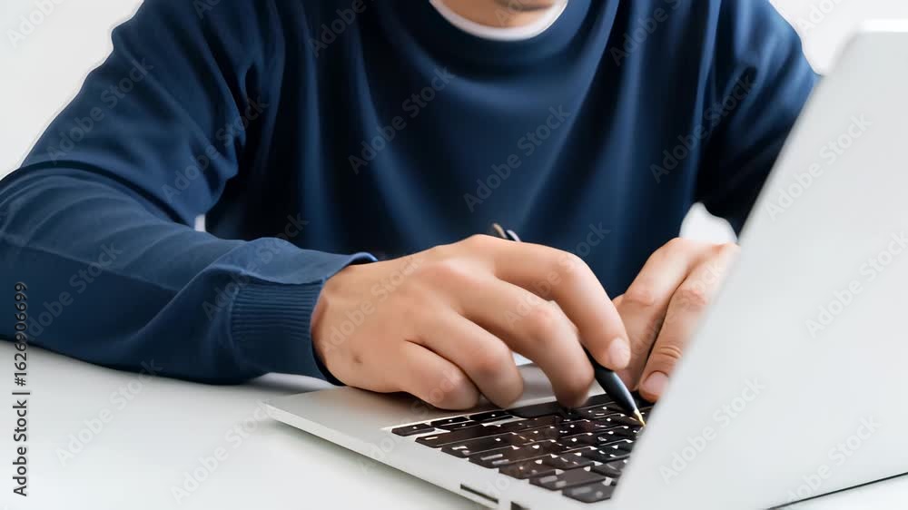 Poster closeup of a person focused on typing while taking notes with a pen on a laptop in a cozy workspace