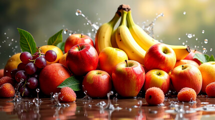 Fresh assorted fruits with watersplash for a healthy tropical display, luxury background image