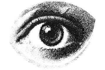 Scared eye graphic with halftone stipple effect in vintage photocopy style. Gothic surreal collage vector for punk Y2K poster, retro banner design featuring grainy texture and horror punk aesthetics.