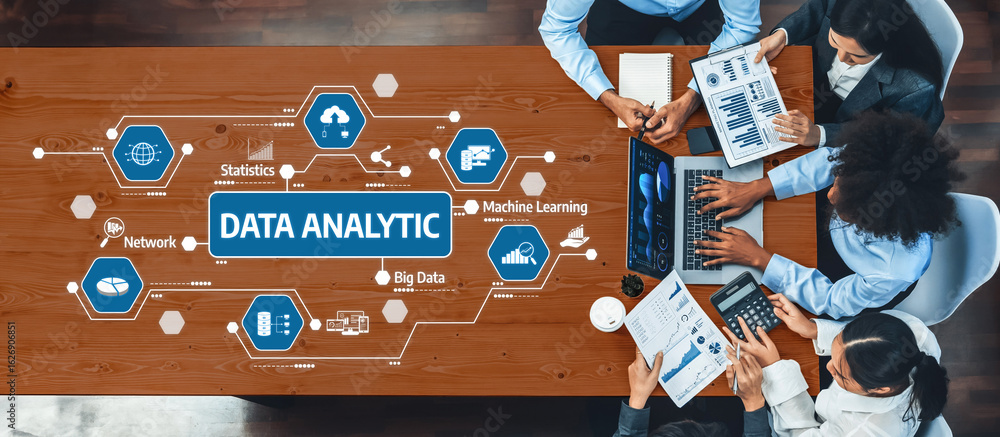 Poster explore essential data analytic strategies showcased in a collaborative workspace, highlighting key 