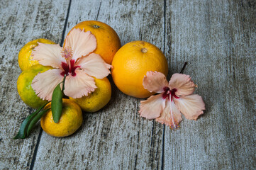 Variety of fruits including , oranges, grapefruits and hibiscus flowers  on the table
