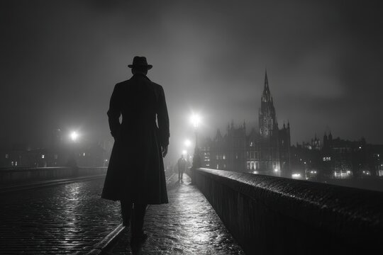 A solitary man in a coat and hat walks on a foggy bridge, overlooking a city skyline with gothic architecture and street lights in a mysterious black and white scene.
