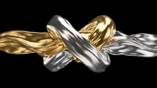 Abstract Gold and Silver Metallic Fluid Intertwined on Black Background