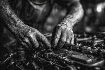 Close-up of a mechanic's hands working on a vintage engine, showcasing the grit and determination required in automotive restoration and repair, a testament to skill and craft.