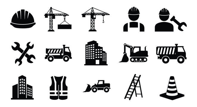 Collection of construction industry icons and symbols representing building machinery workers and safety equipment