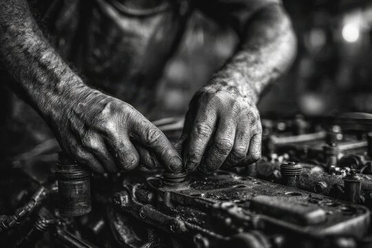 Close-up of a mechanic's hands working on a vintage engine, showcasing the grit and determination required in automotive restoration and repair, a testament to skill and craft. - Powered by Adobe