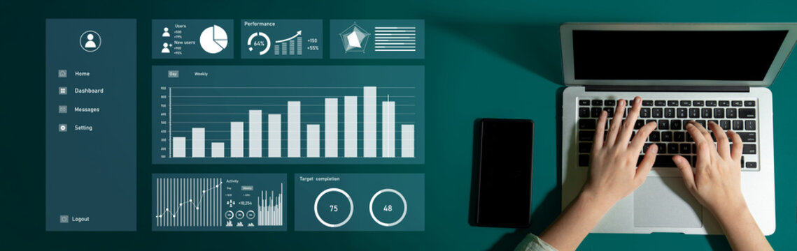 A modern digital workspace showcases a laptop with hands on the keyboard and an analytics dashboard displaying various data visualizations on a teal background. Impute - Powered by Adobe