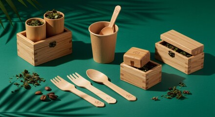 Eco-Friendly Dining Collection: An array of sustainable tableware and serving essentials made from eco-friendly materials, elegantly displayed on a deep green background.