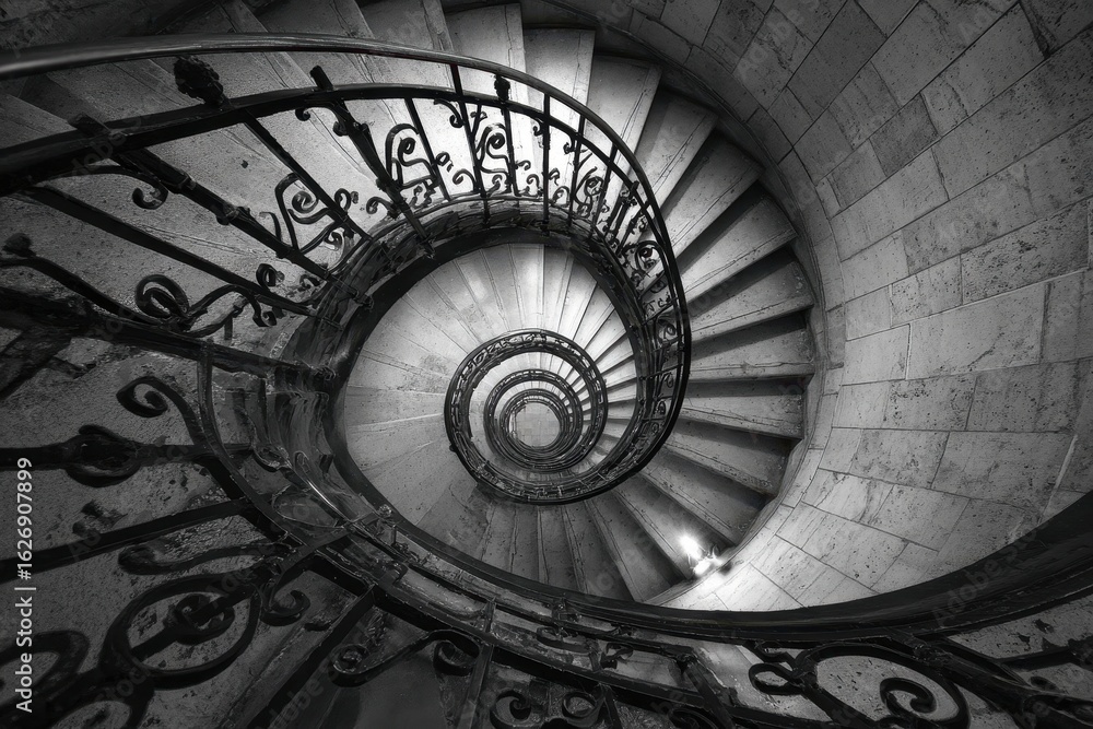Poster an intricately designed spiral staircase in monochrome, creating a mesmerizing pattern with ornate i