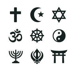 Set of nine major world religion symbols. Black icons representing diverse faiths like Christianity, Islam, Judaism, Hinduism, and Buddhism.